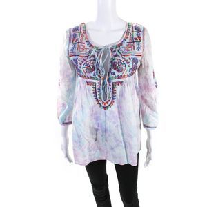 Calypso Saint Barth Womens 3/4 Sleeve Embroidered Tie Dyed Top Pink Blue Size 0